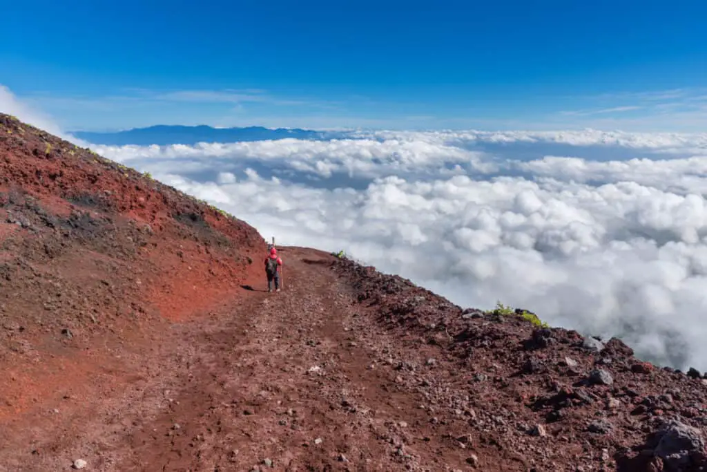 Hiker descending Mt Fuji Japan